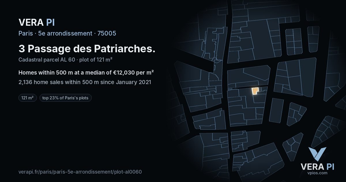 3 Passage des Patriarches, 5e arrondissement at night – the plot lit, the parcels around coloured by the prices near them