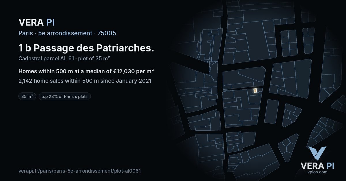 1 b Passage des Patriarches, 5e arrondissement at night – the plot lit, the parcels around coloured by the prices near them
