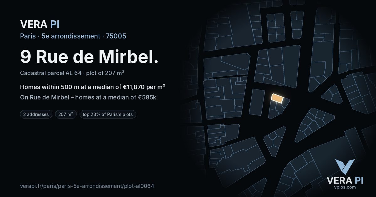 9 Rue de Mirbel, 5e arrondissement at night – the plot lit, the parcels around coloured by the prices near them