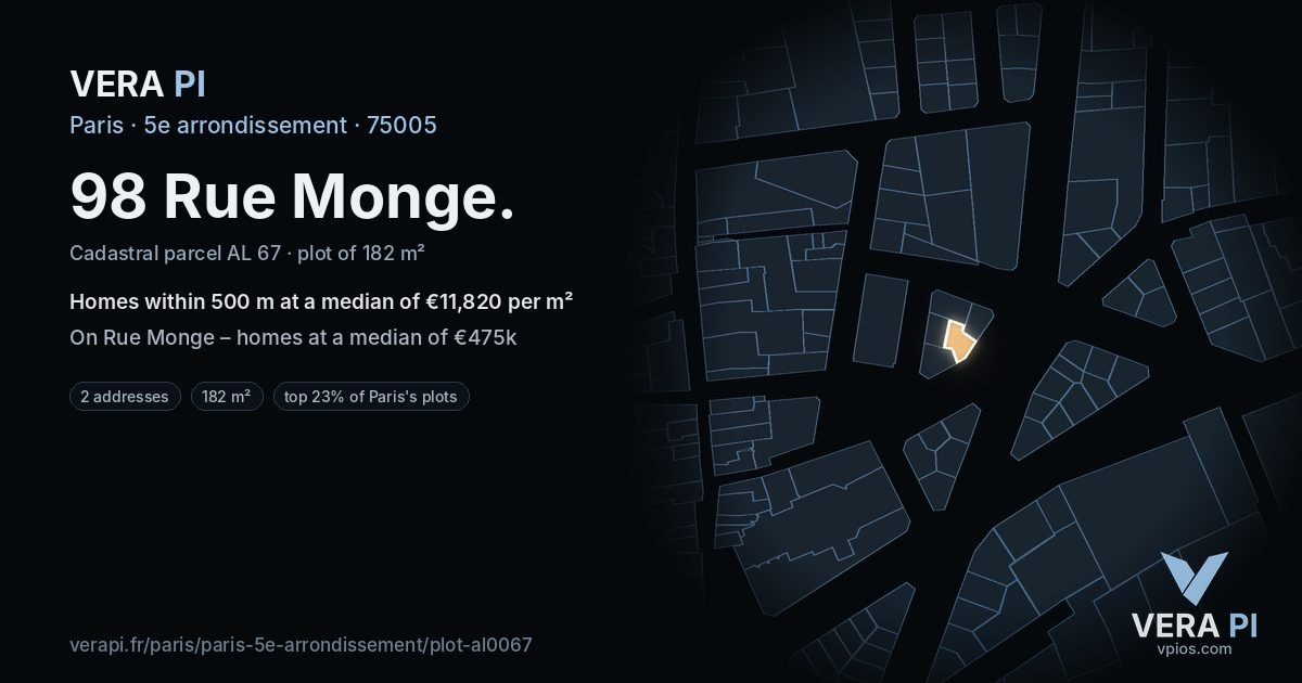 98 Rue Monge, 5e arrondissement at night – the plot lit, the parcels around coloured by the prices near them