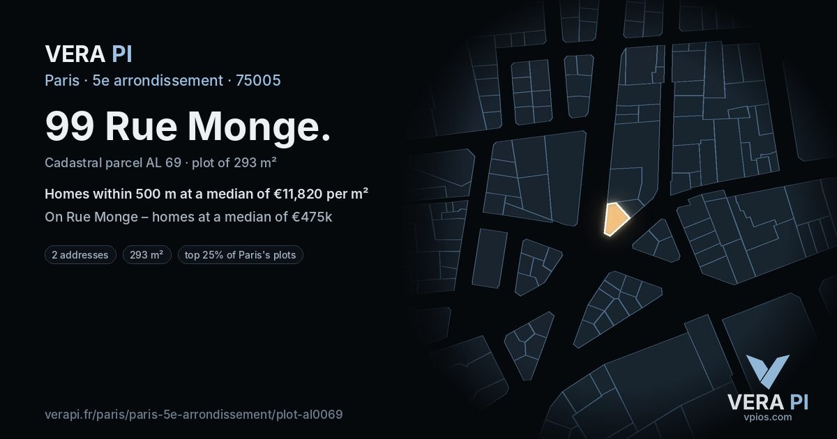 99 Rue Monge, 5e arrondissement at night – the plot lit, the parcels around coloured by the prices near them