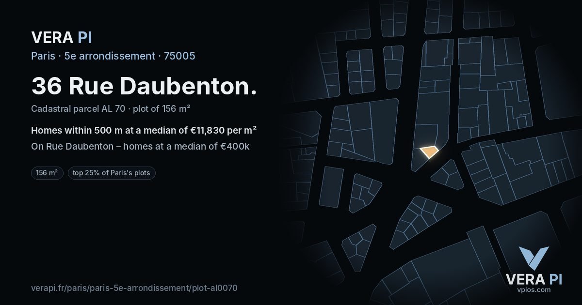 36 Rue Daubenton, 5e arrondissement at night – the plot lit, the parcels around coloured by the prices near them