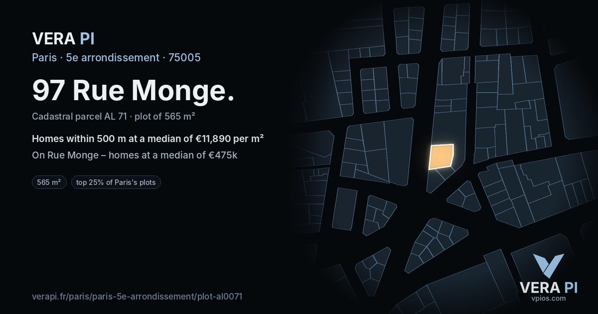 97 Rue Monge, 5e arrondissement at night – the plot lit, the parcels around coloured by the prices near them