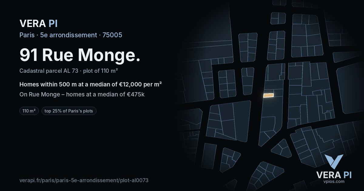91 Rue Monge, 5e arrondissement at night – the plot lit, the parcels around coloured by the prices near them