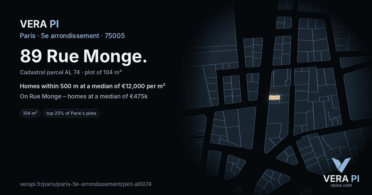 89 Rue Monge, 5e arrondissement at night – the plot lit, the parcels around coloured by the prices near them