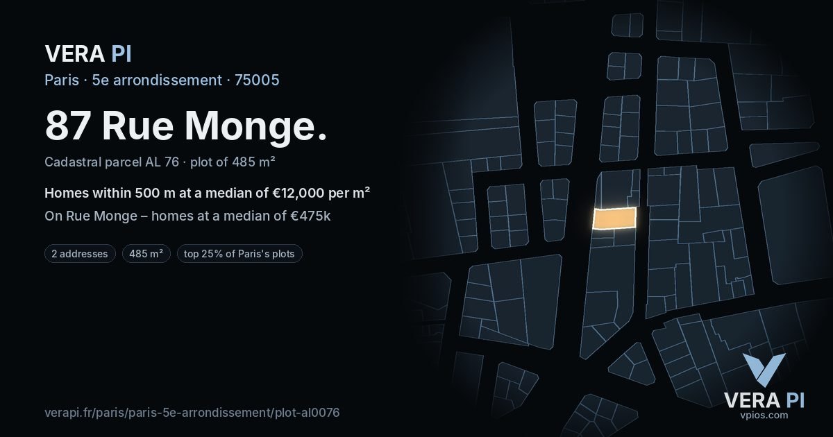 87 Rue Monge, 5e arrondissement at night – the plot lit, the parcels around coloured by the prices near them