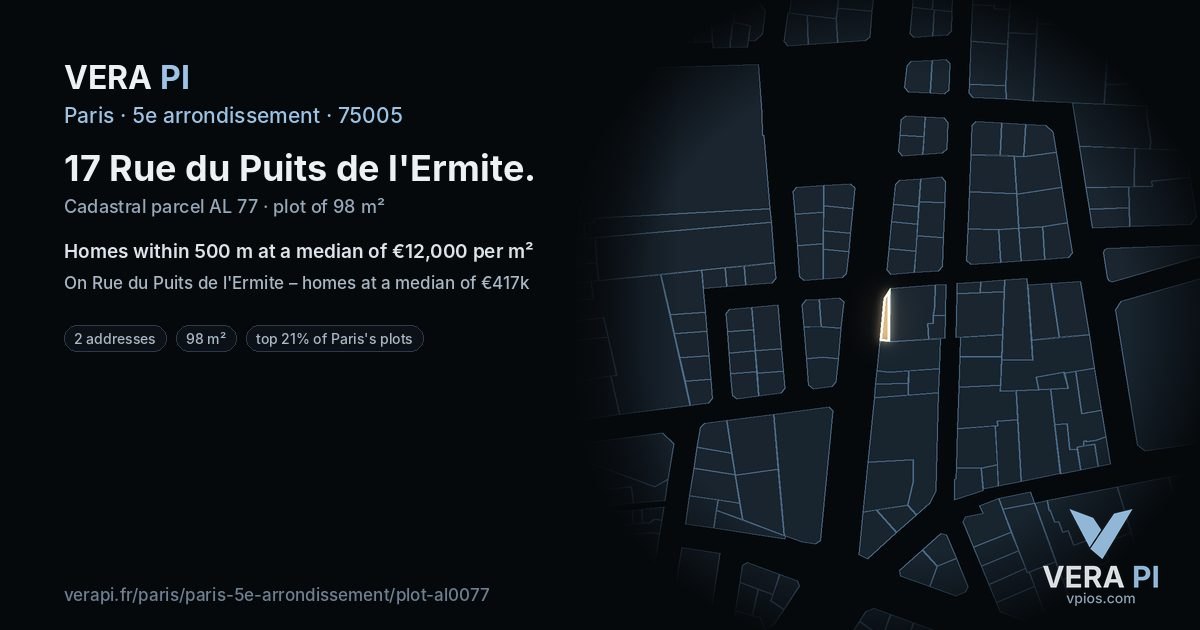 17 Rue du Puits de l'Ermite, 5e arrondissement at night – the plot lit, the parcels around coloured by the prices near them