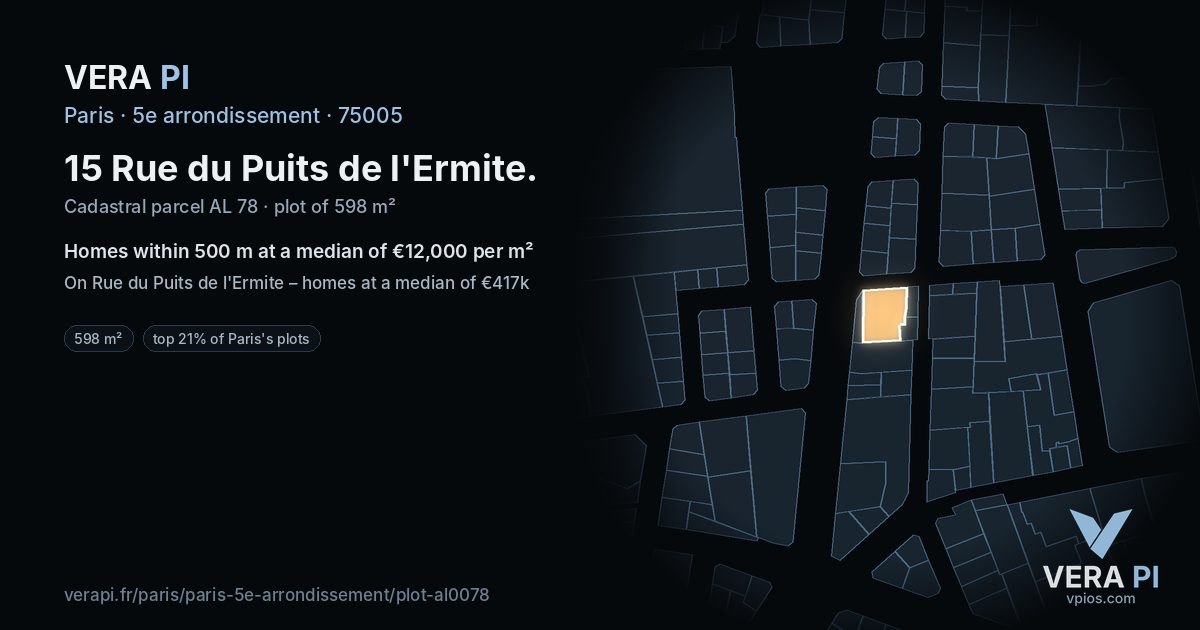 15 Rue du Puits de l'Ermite, 5e arrondissement at night – the plot lit, the parcels around coloured by the prices near them