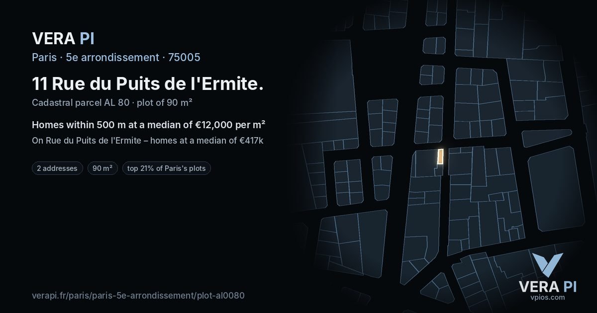 11 Rue du Puits de l'Ermite, 5e arrondissement at night – the plot lit, the parcels around coloured by the prices near them