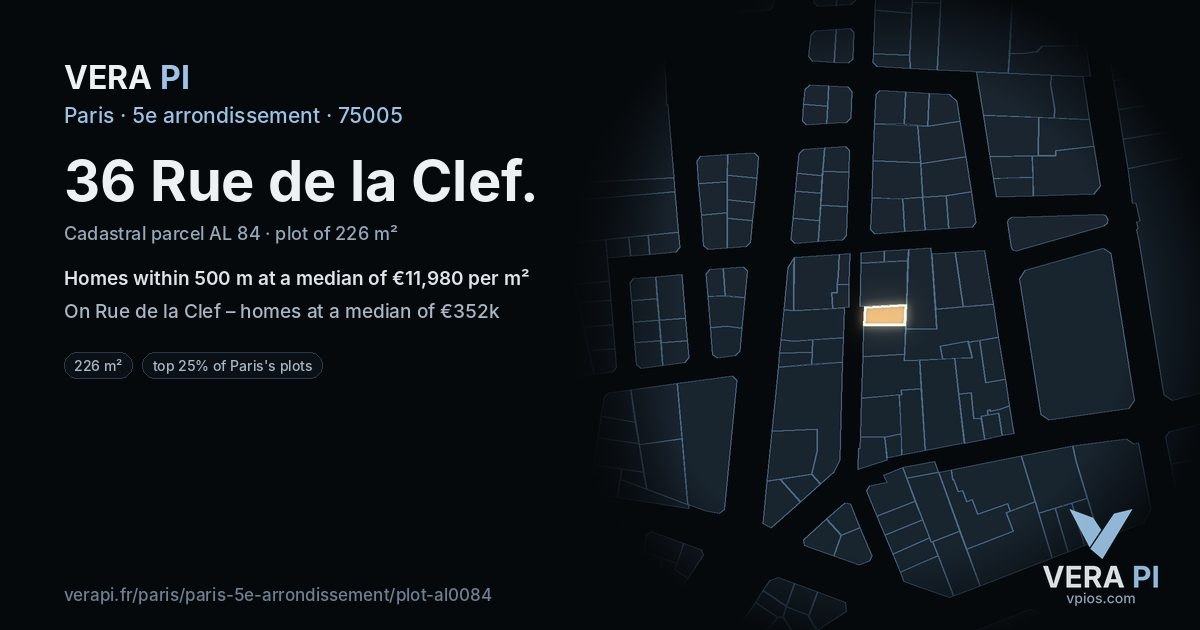 36 Rue de la Clef, 5e arrondissement at night – the plot lit, the parcels around coloured by the prices near them