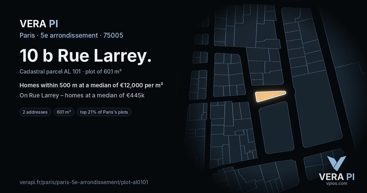 10 b Rue Larrey, 5e arrondissement at night – the plot lit, the parcels around coloured by the prices near them