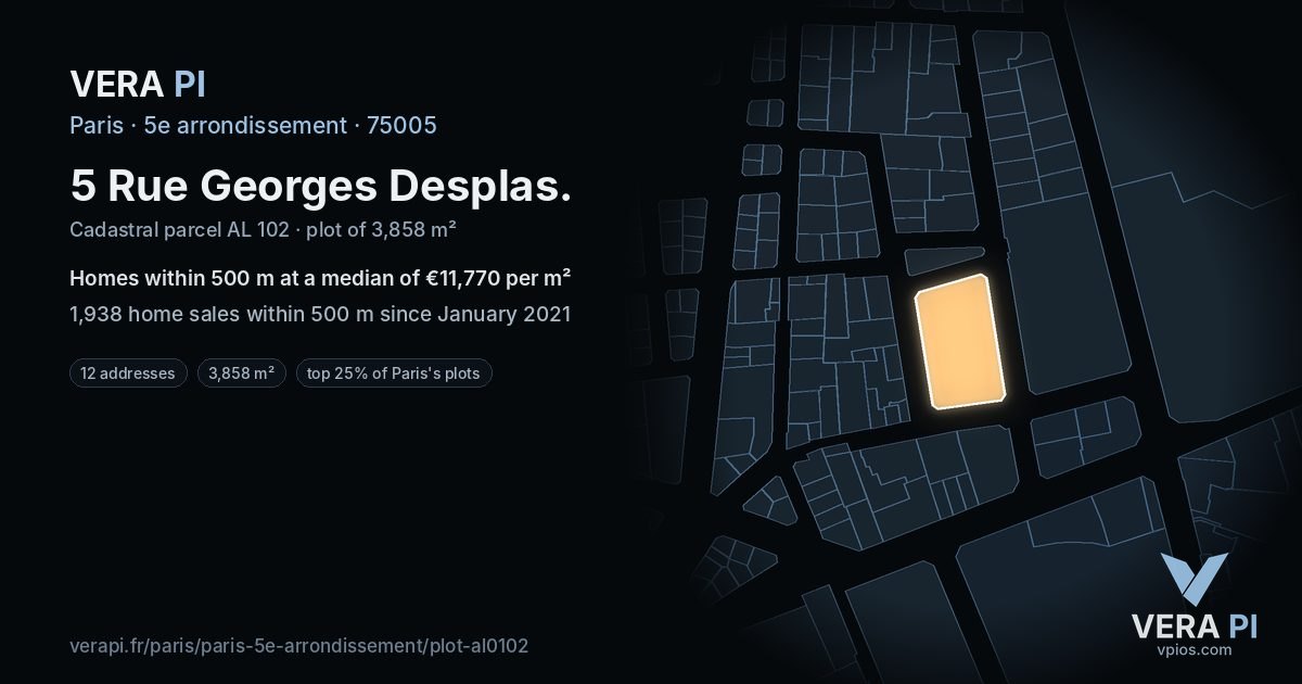 5 Rue Georges Desplas, 5e arrondissement at night – the plot lit, the parcels around coloured by the prices near them