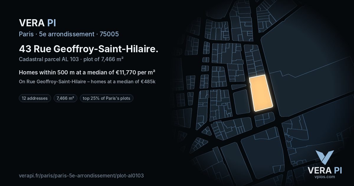 43 Rue Geoffroy-Saint-Hilaire, 5e arrondissement at night – the plot lit, the parcels around coloured by the prices near them
