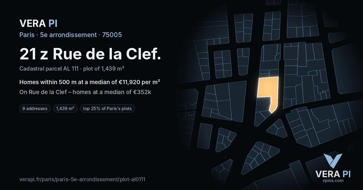21 z Rue de la Clef, 5e arrondissement at night – the plot lit, the parcels around coloured by the prices near them