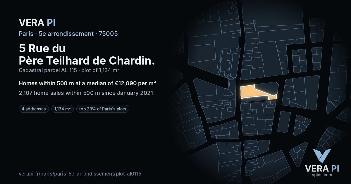 5 Rue du Père Teilhard de Chardin, 5e arrondissement at night – the plot lit, the parcels around coloured by the prices near them