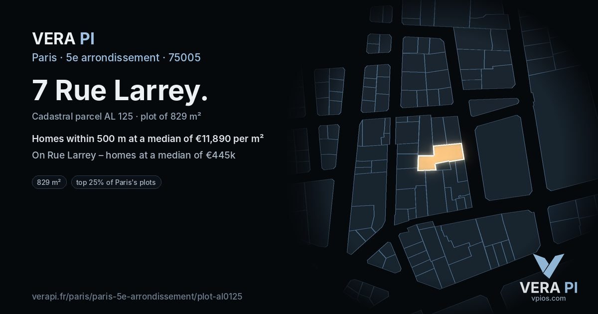 7 Rue Larrey, 5e arrondissement at night – the plot lit, the parcels around coloured by the prices near them