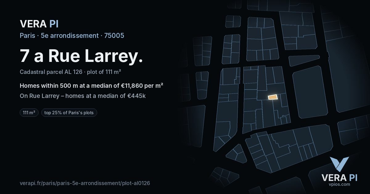 7 a Rue Larrey, 5e arrondissement at night – the plot lit, the parcels around coloured by the prices near them