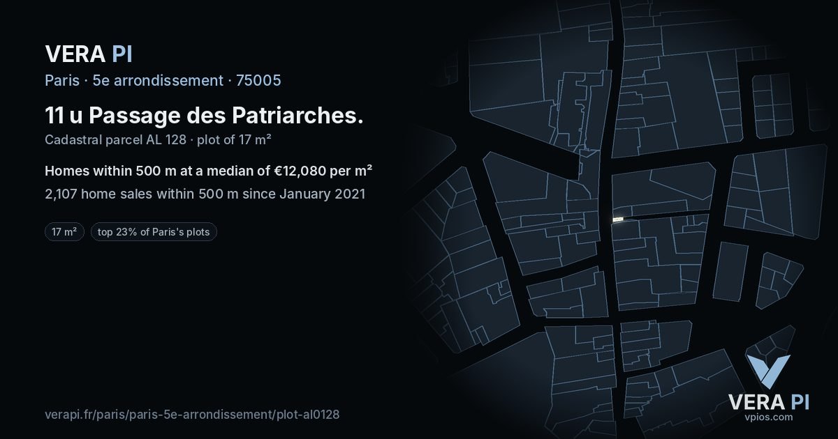 11 u Passage des Patriarches, 5e arrondissement at night – the plot lit, the parcels around coloured by the prices near them