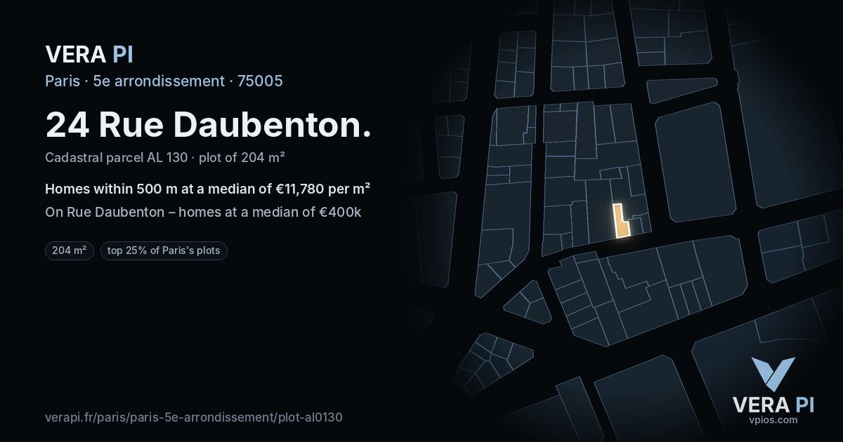 24 Rue Daubenton, 5e arrondissement at night – the plot lit, the parcels around coloured by the prices near them
