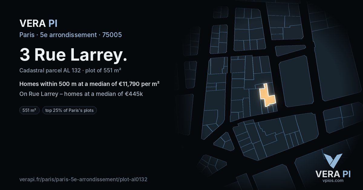 3 Rue Larrey, 5e arrondissement at night – the plot lit, the parcels around coloured by the prices near them