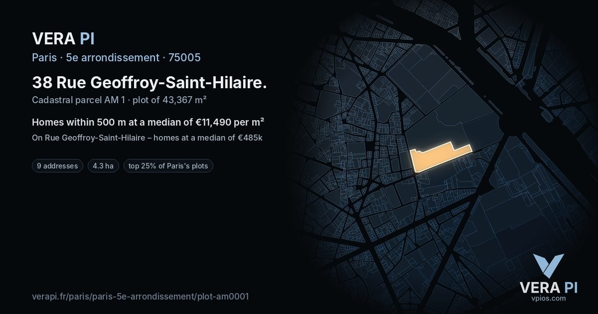 38 Rue Geoffroy-Saint-Hilaire, 5e arrondissement at night – the plot lit, the parcels around coloured by the prices near them
