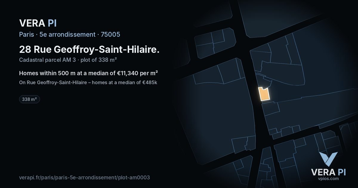 28 Rue Geoffroy-Saint-Hilaire, 5e arrondissement at night – the plot lit, the parcels around coloured by the prices near them