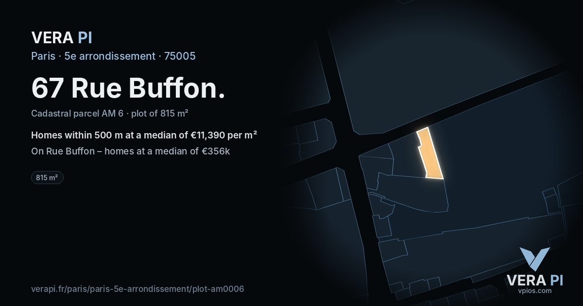 67 Rue Buffon, 5e arrondissement at night – the plot lit, the parcels around coloured by the prices near them