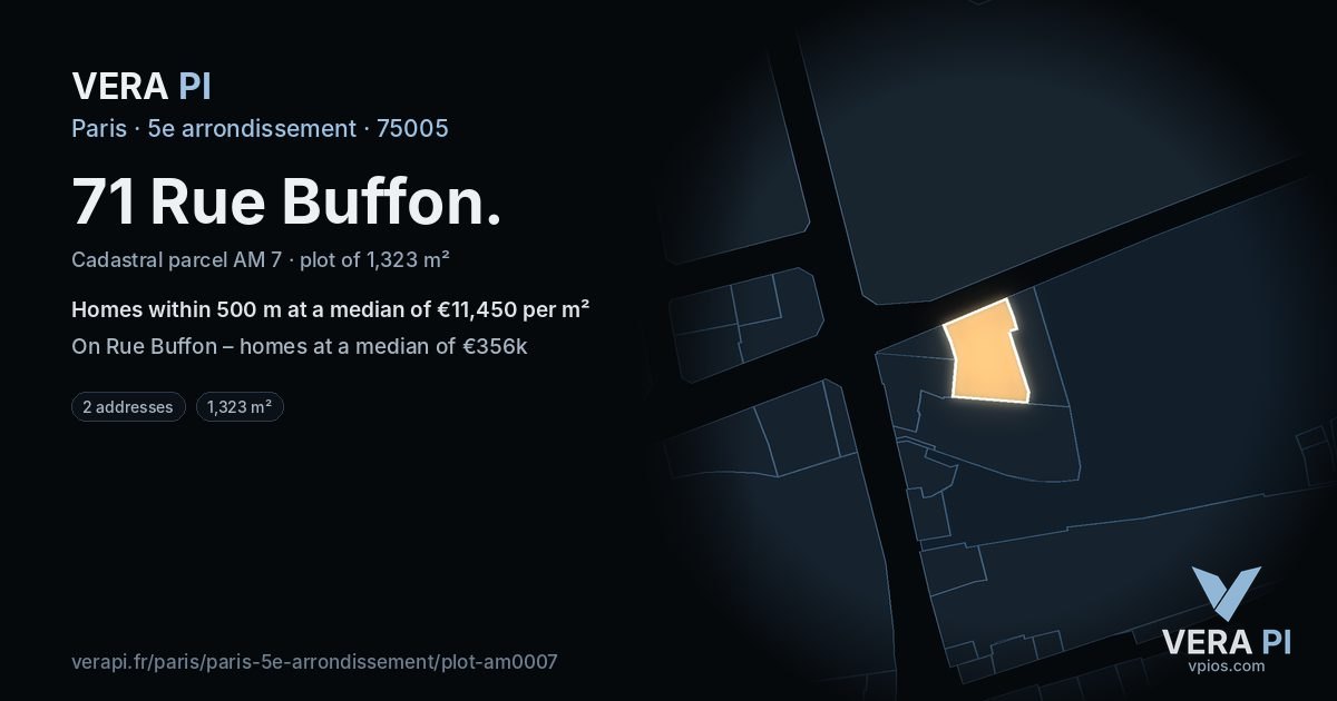 71 Rue Buffon, 5e arrondissement at night – the plot lit, the parcels around coloured by the prices near them