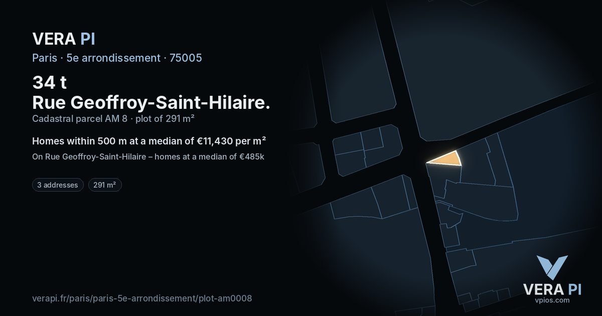 34 t Rue Geoffroy-Saint-Hilaire, 5e arrondissement at night – the plot lit, the parcels around coloured by the prices near them