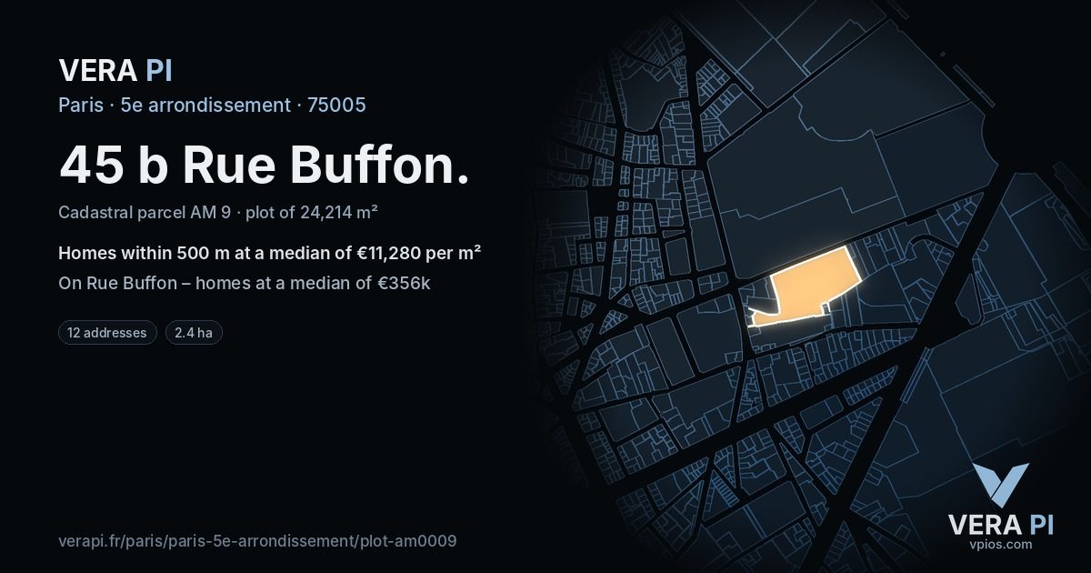 45 b Rue Buffon, 5e arrondissement at night – the plot lit, the parcels around coloured by the prices near them