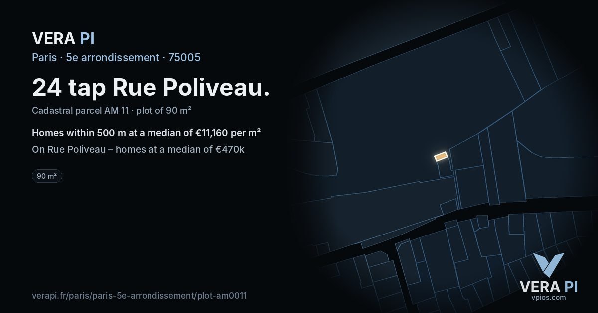 24 tap Rue Poliveau, 5e arrondissement at night – the plot lit, the parcels around coloured by the prices near them