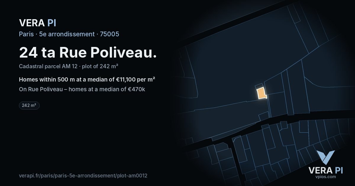 24 ta Rue Poliveau, 5e arrondissement at night – the plot lit, the parcels around coloured by the prices near them