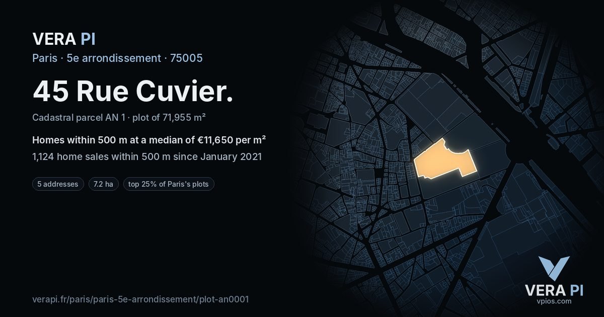 45 Rue Cuvier, 5e arrondissement at night – the plot lit, the parcels around coloured by the prices near them
