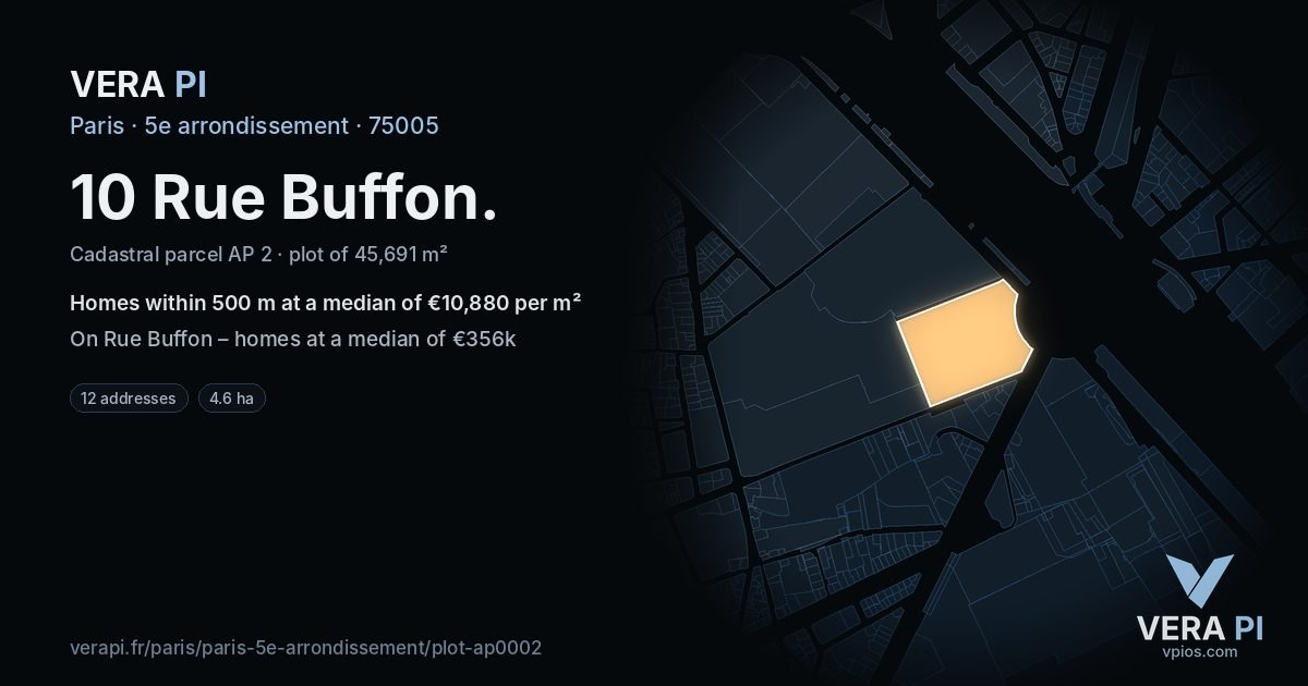 10 Rue Buffon, 5e arrondissement at night – the plot lit, the parcels around coloured by the prices near them