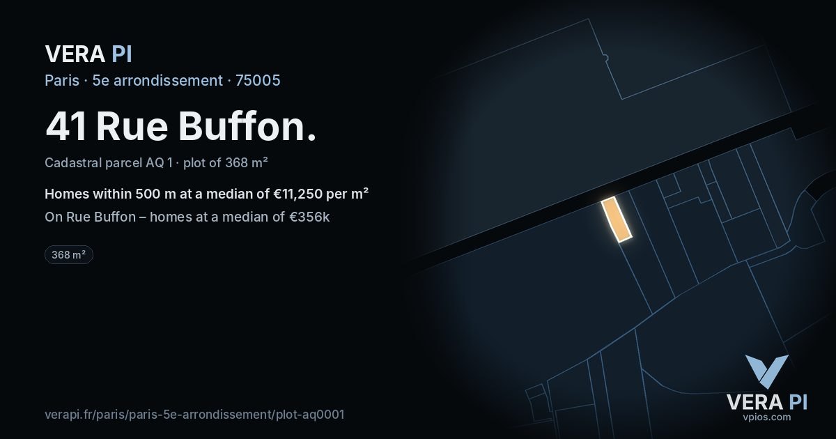 41 Rue Buffon, 5e arrondissement at night – the plot lit, the parcels around coloured by the prices near them