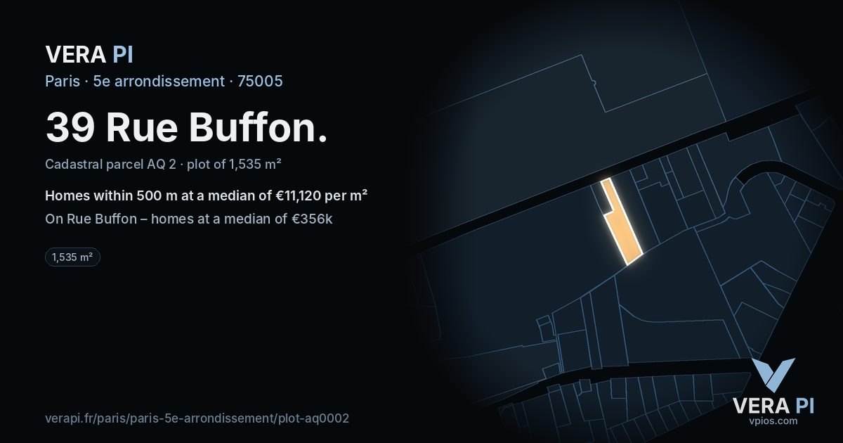 39 Rue Buffon, 5e arrondissement at night – the plot lit, the parcels around coloured by the prices near them