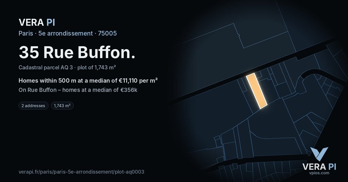 35 Rue Buffon, 5e arrondissement at night – the plot lit, the parcels around coloured by the prices near them