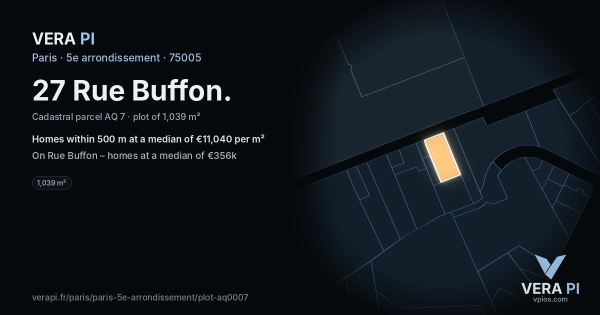 27 Rue Buffon, 5e arrondissement at night – the plot lit, the parcels around coloured by the prices near them