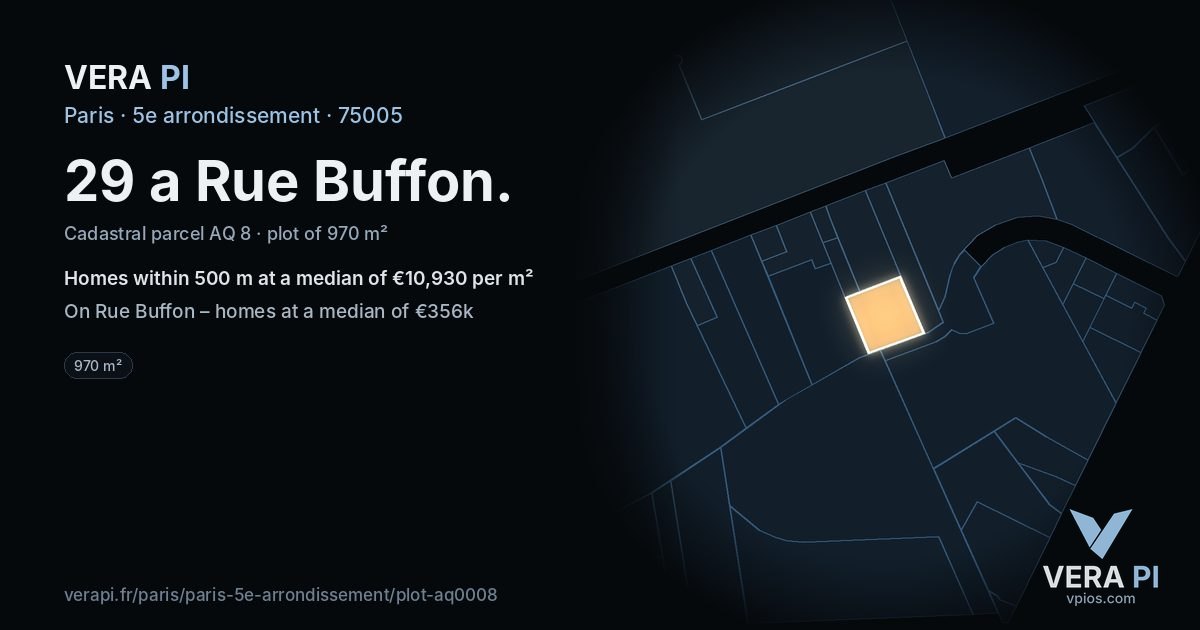 29 a Rue Buffon, 5e arrondissement at night – the plot lit, the parcels around coloured by the prices near them