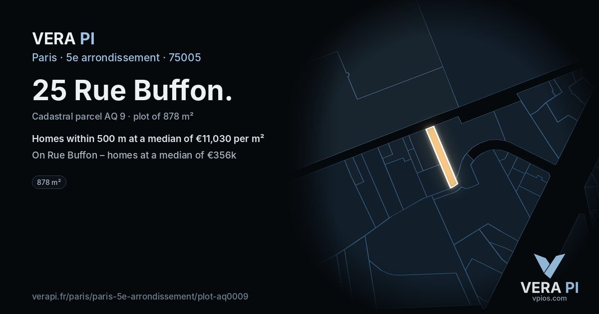 25 Rue Buffon, 5e arrondissement at night – the plot lit, the parcels around coloured by the prices near them