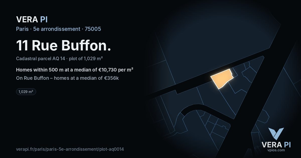 11 Rue Buffon, 5e arrondissement at night – the plot lit, the parcels around coloured by the prices near them