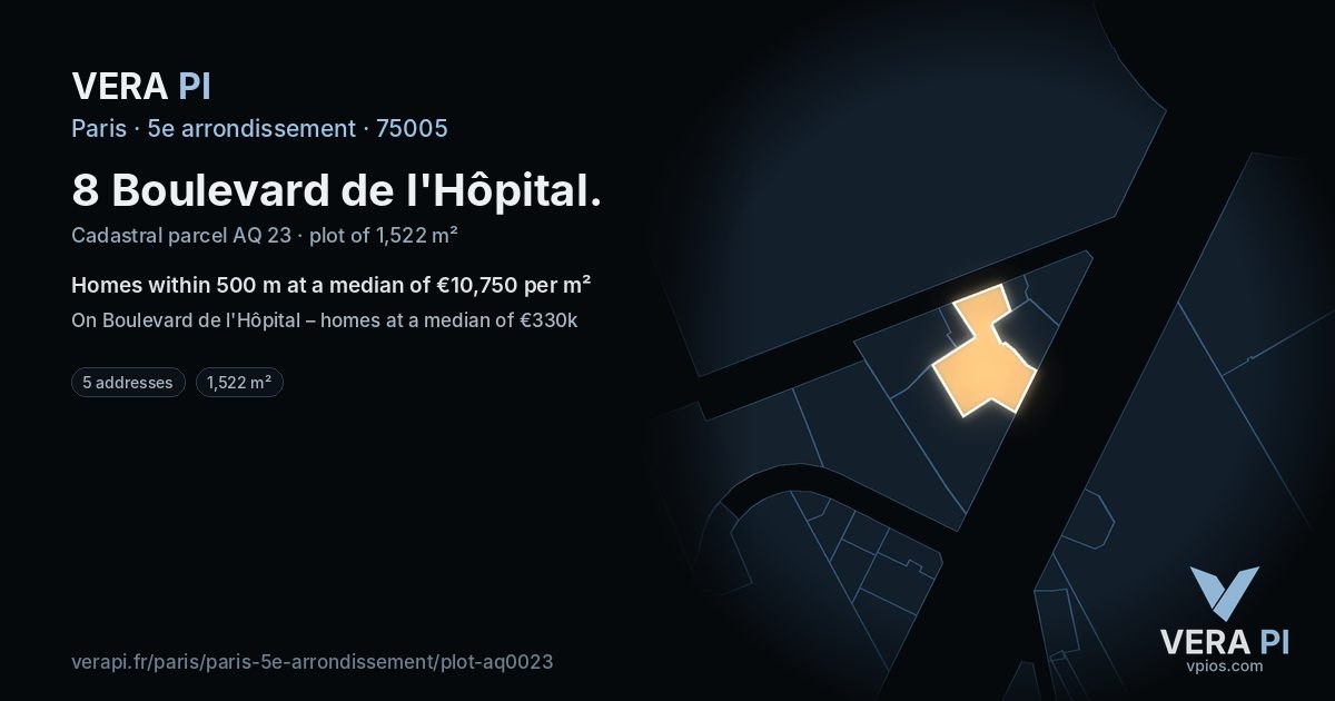8 Boulevard de l'Hôpital, 5e arrondissement at night – the plot lit, the parcels around coloured by the prices near them