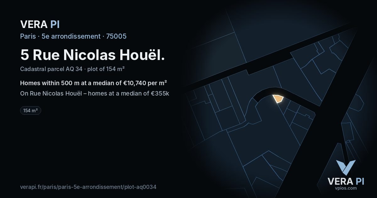 5 Rue Nicolas Houël, 5e arrondissement at night – the plot lit, the parcels around coloured by the prices near them