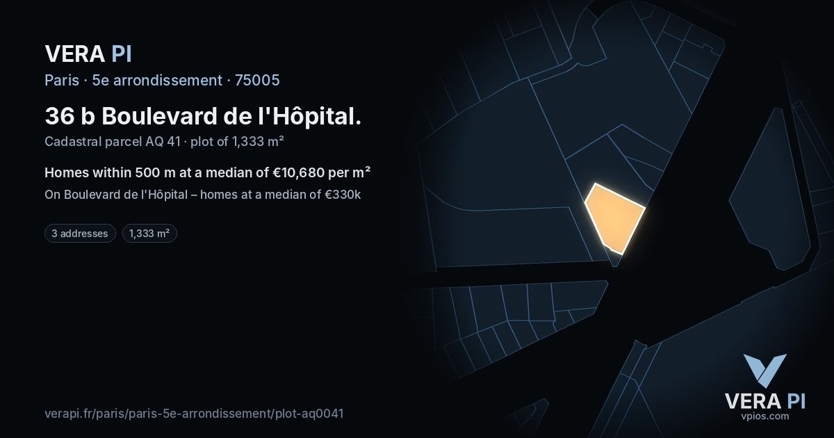 36 b Boulevard de l'Hôpital, 5e arrondissement at night – the plot lit, the parcels around coloured by the prices near them