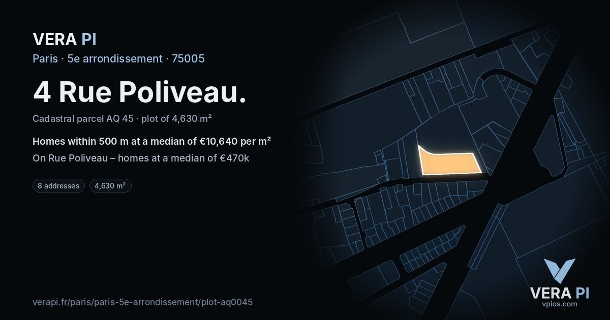 4 Rue Poliveau, 5e arrondissement at night – the plot lit, the parcels around coloured by the prices near them