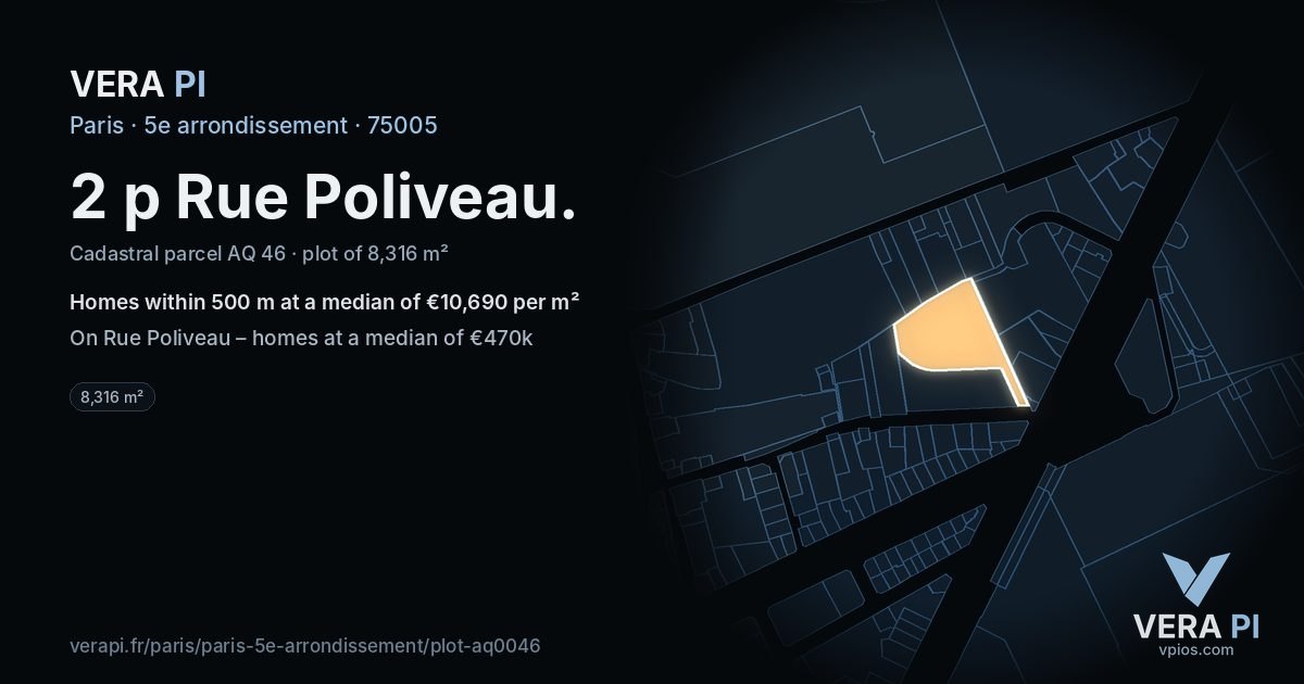 2 p Rue Poliveau, 5e arrondissement at night – the plot lit, the parcels around coloured by the prices near them