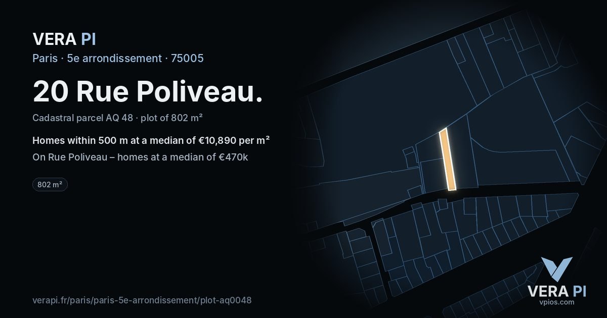 20 Rue Poliveau, 5e arrondissement at night – the plot lit, the parcels around coloured by the prices near them