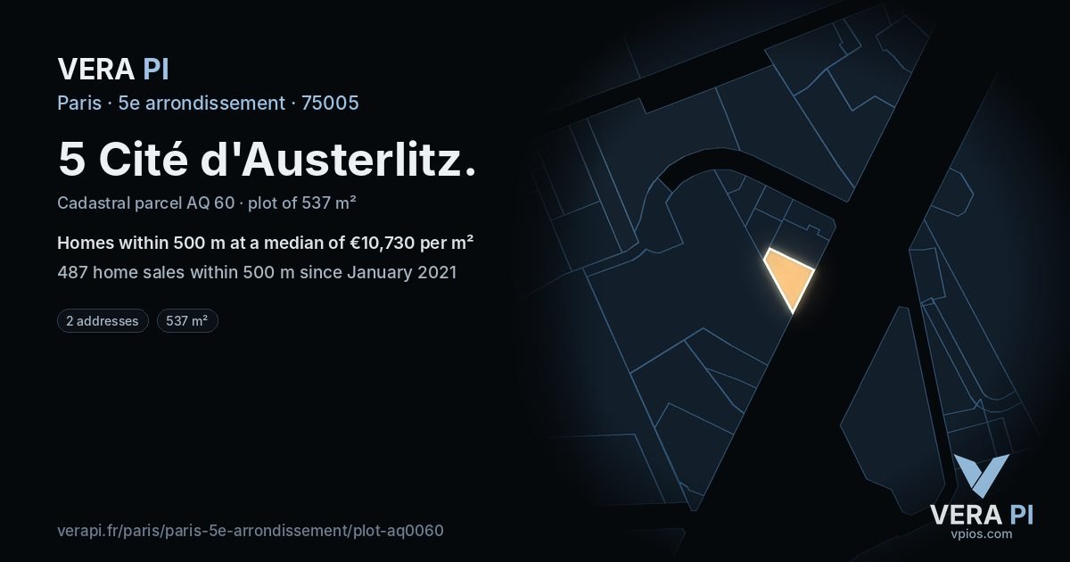 5 Cité d'Austerlitz, 5e arrondissement at night – the plot lit, the parcels around coloured by the prices near them