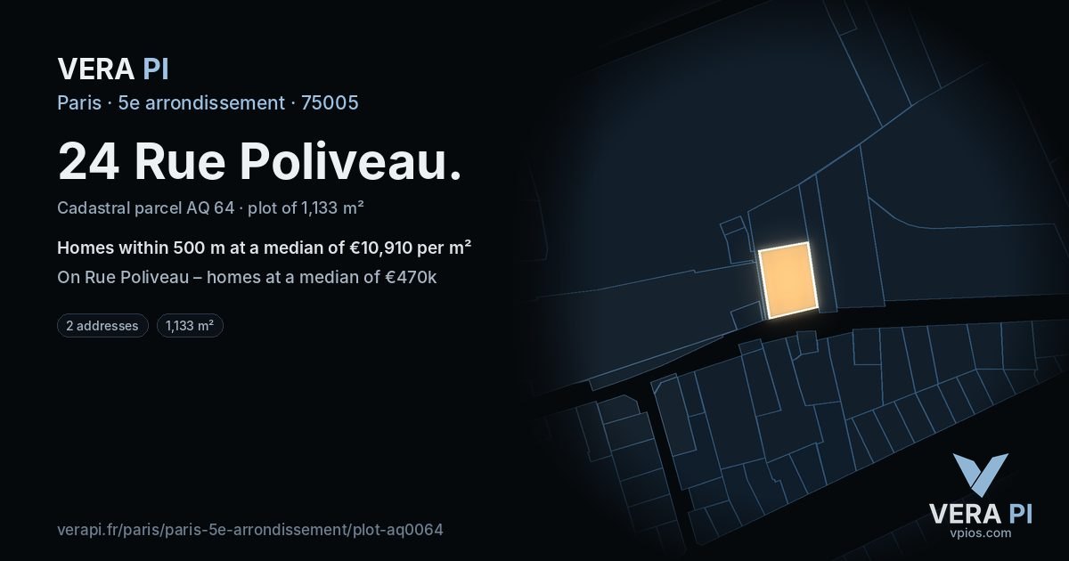 24 Rue Poliveau, 5e arrondissement at night – the plot lit, the parcels around coloured by the prices near them