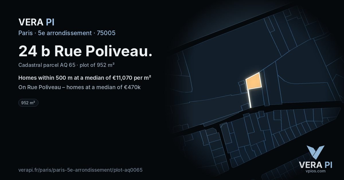 24 b Rue Poliveau, 5e arrondissement at night – the plot lit, the parcels around coloured by the prices near them